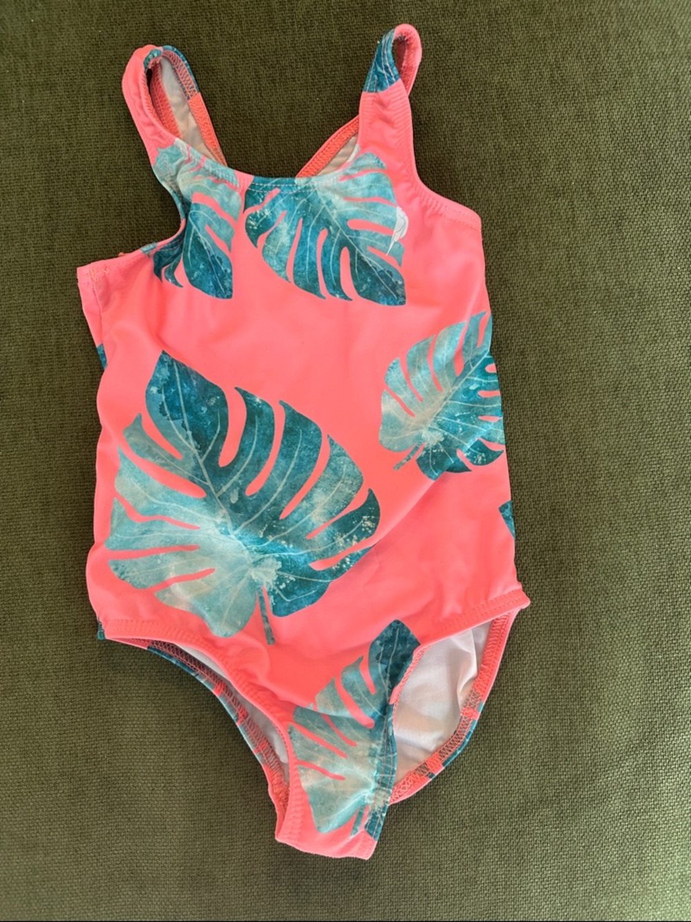 Girls' Coral Pink Tropical Leaf One-Piece Swimsuit